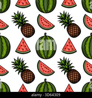 A vibrant and repeating vector pattern featuring juicy watermelon slices and whole pineapples, set against a clean white background, evoking a fresh s Stock Vector