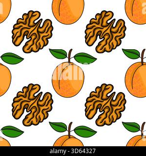 Seamless vector pattern featuring ripe apricots with green leaves and textured walnuts on a white background. Stock Vector