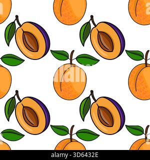 Seamless vector pattern of juicy plums and apricots with leaves, showcasing vibrant orange and purple hues and detailed fruit textures. Stock Vector