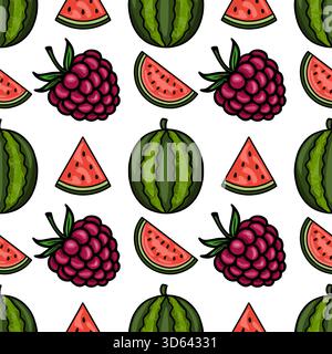 Seamless vector pattern featuring vibrant cartoon-style watermelons and raspberries, perfect for summer-themed designs. Stock Vector