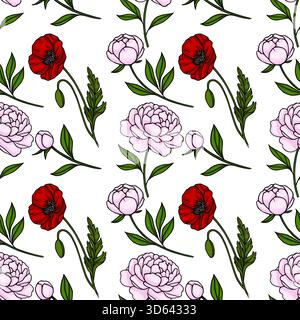 Seamless vector pattern featuring delicate pink peonies and vibrant red poppies with green leaves and buds on a clean white background. Stock Vector