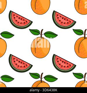 A vibrant, seamless vector pattern featuring stylized apricots with green leaves and juicy watermelon slices on a clean white background, evoking a fr Stock Vector