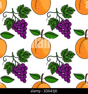 Seamless vector pattern featuring ripe purple grapes and vibrant orange apricots with green leaves on a clean white background. Stock Vector