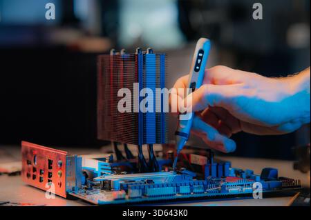 PC repair.PC spare parts. video card, motherboard, RAM, PC cooling system, hard drive, power supply with wires Stock Photo