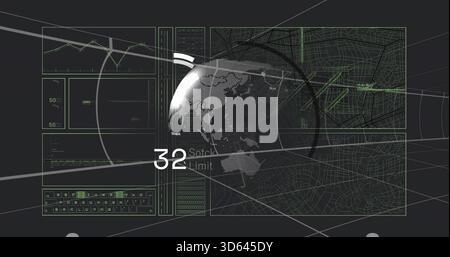 Displaying dotted 3D globe on virtual dashboard, showing '32' Sotck limit, charts, maps Stock Photo