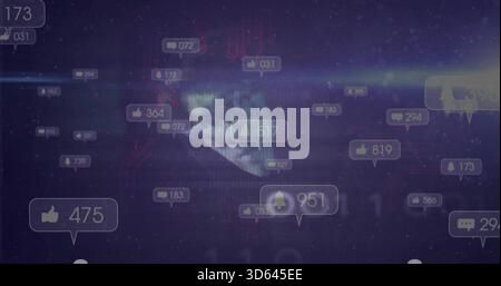 Floating cluster of notification badges pulsing over virtual HUD moon backdrop, displaying counters Stock Photo