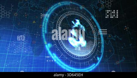 Pulsing glowing holographic dollar symbol rotating in virtual dashboard, showing HUD rings and map Stock Photo