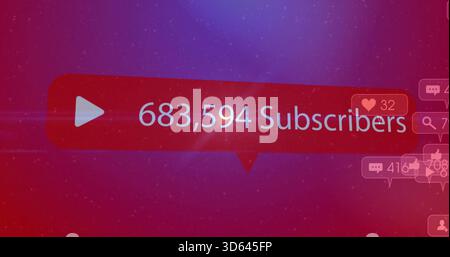 Displaying red speech-bubble showing play icon and 683,594 subs over magenta with reaction bubbles Stock Photo