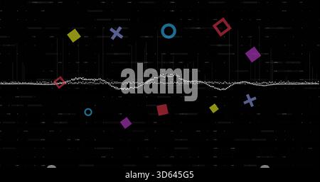 Displaying white dotted waveform running across digital canvas, with colorful icons and scanlines Stock Photo