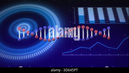 Displaying stylized DNA helix moving across dashboard, showing circular HUD, bar chart, line graph Stock Photo