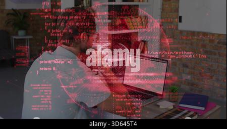 Holding head, middle-aged man in white t-shirt focusing on laptop in home office, red code overlay Stock Photo