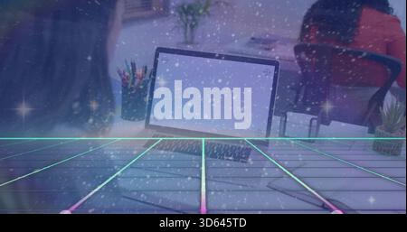 Displaying laptop centered on desk in office, neon grid overlay with pens, red-top coworker Stock Photo