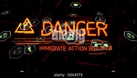 Displaying glowing DANGER with triangle icon on HUD, flashing IMMEDIATE ACTION REQUIRED, hex icons Stock Photo
