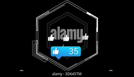 Displaying layered hexagonal UI on digital canvas, showing white thumbs-up and blue badge 35 Stock Photo
