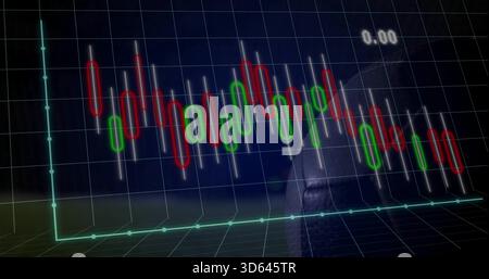Rendering 3D candlestick chart oscillating on dark grid with teal axes, nodes, faint texture, 0 Stock Photo