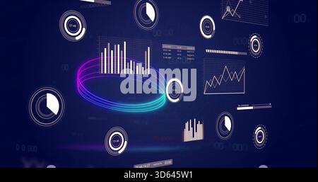 Displaying neon multicolor torus ring encircling vertical bar chart on navy dashboard, with gauges Stock Photo