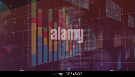 Displaying 3D stacked bars and columns occupying center in dashboard with grid axes, color bands Stock Photo
