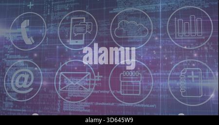 Displaying grid of nine circular app icons hovering over purple-blue matrix, with code streams Stock Photo