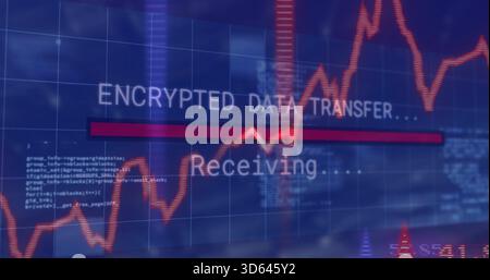Displaying central progress showing ENCRYPTED DATA TRANSFER receiving on screen with red bar wave Stock Photo