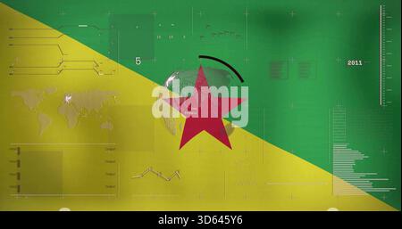 Displaying red five-pointed star centered on infographic canvas, overlapping faint globe and charts Stock Photo
