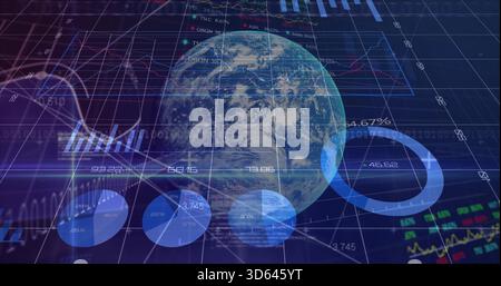 Displaying semitransparent Earth globe rotating in data dashboard, showing pie donut graphs tickers Stock Photo