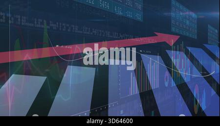 Displaying financial dashboard showing rising trend in trading platform, red arrow and bar charts Stock Photo