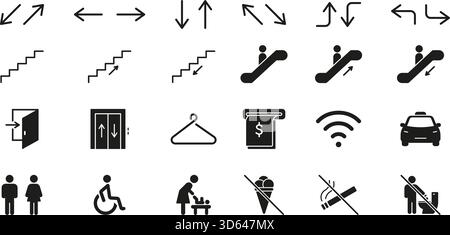 Directional And Facility Solid Icon Set. Navigation, Accessibility and Public Facility Symbols Silhouette. Includes Arrows, Stairs, Escalators Stock Vector