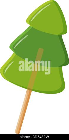 layered green conical lollipop Christmas tree, on stick, semi transparent candy. Colorful flat style vector illustration. Ideal for holiday treats, festive graphics, winter celebration theme, sticker Stock Vector