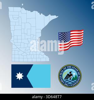 Minnesota US federal state waving flag, seal and map, United States, vector illustration Stock Vector