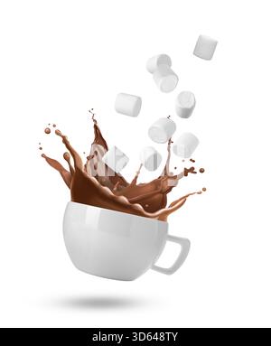 Fresh marshmallows falling into cup with hot cocoa on white background Stock Photo