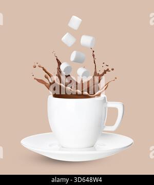 Fresh marshmallows falling into cup with hot cocoa on pale brown background Stock Photo
