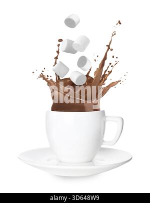 Fresh marshmallows falling into cup with hot cocoa on white background Stock Photo