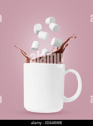 Fresh marshmallows falling into cup with hot cocoa on dusty pink background Stock Photo