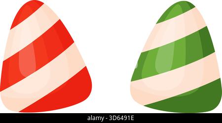 Two conical candy with diagonal stripes, red and white and green and white. Colorful flat style vector illustration. For holiday treats, festive packaging, seasonal decor, and sweet food advertising. Stock Vector