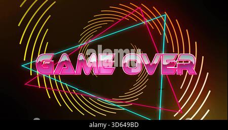 Displaying neon-pink GAME OVER text on dark gradient, with cyan-magenta triangle and yellow arcs Stock Photo