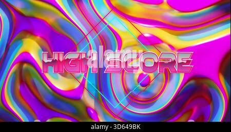 Displaying retro neon HIGH SCORE title glowing on game splash, with glossy ripples and diamond Stock Photo