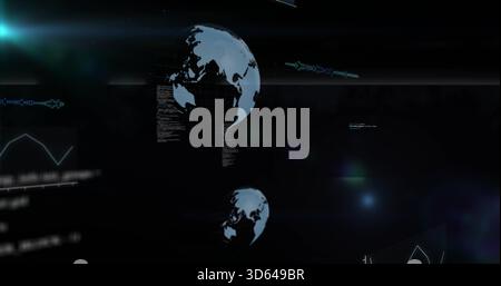 Hovering two stylized digital globes displaying code blocks and graphs on virtual dashboard, HUD Stock Photo