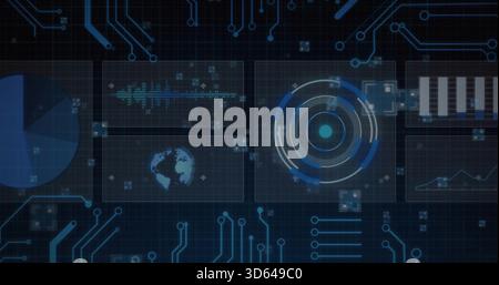 Displaying central concentric HUD pulsing over dark grid dashboard, showing waveform globe charts Stock Photo