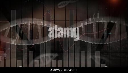 Displaying centered glowing DNA helix in studio, with financial charts overlaying and faint skyline Stock Photo