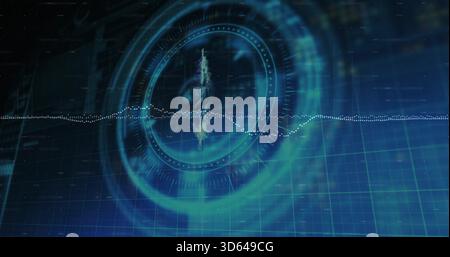 Displaying central circular HUD rotating in virtual HUD interface, with dotted waveform and grid Stock Photo