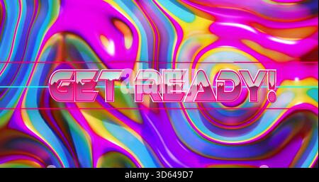 Featuring centered bold GET READY! headline glowing on studio poster with neon swirls, guide lines Stock Photo