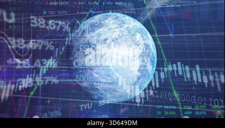 Displaying translucent globe hovering over finance grid, with candlesticks, lines, tickers Stock Photo