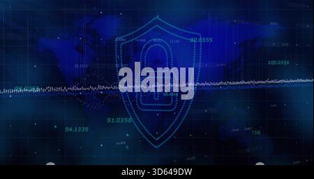 Displaying central dotted shield with padlock icon on virtual grid over world map, waveform overlay Stock Photo