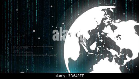Displaying stylized white globe glowing on right side of cyber backdrop, with data rain particles Stock Photo
