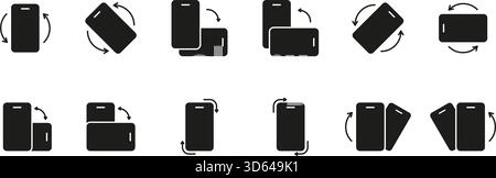 Mobile Device Screen Rotation Solid Icon Set. Smartphone Orientation Adjustment With Arrows Representing Motion, Usability and Interaction Silhouette Stock Vector