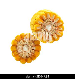 Broken corn cob isolated on white background. Corn cross-section. Structure of the corn, yellow kernels attached to a fibrous core. Stock Photo