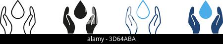 Hands Holding Water Drop Line And Solid Icon Set. Water Conservation, Sustainability, And Environmental Protection Outline And Silhouette Symbol Stock Vector