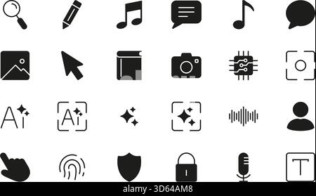 Multimedia And Digital Tools Solid Icon Set. Communication, Security, And Creative Design Silhouette Symbol Collection. Technology And User Interface Stock Vector