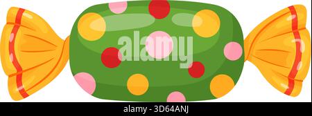 candy wrapped in yellow cellophane with multi colored polka dots. Colorful flat style vector illustration. Ideal for holiday treats, festive packaging, seasonal decor, and sweet food advertising. Stock Vector