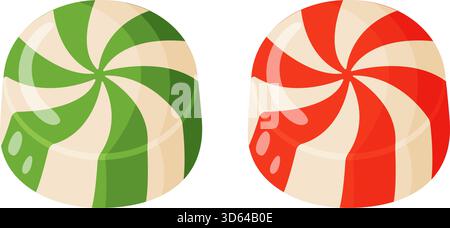 Two round candy with white spiral stripe patterns green and red. Colorful flat style vector illustration. Ideal for holiday treats, festive packaging, seasonal decor, sweet food advertising, stickers. Stock Vector